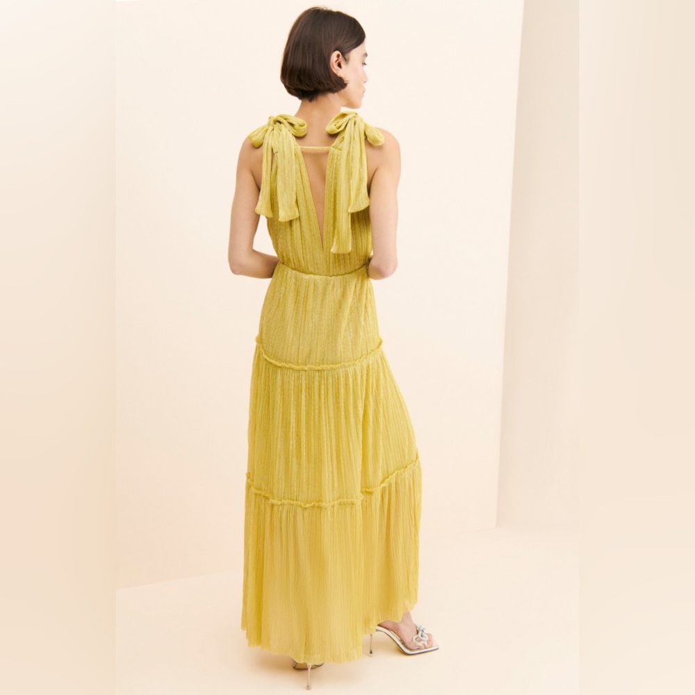 Sabina Musayev Helena Metallic Tiered Tie Shoulder V-Neck Maxi Dress Size Small